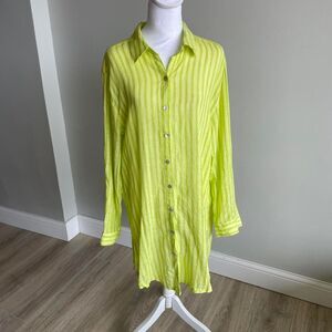 Martha Stewart Linen Blend Green Striped Tunic Shirt Dress Womens Large Cover Up